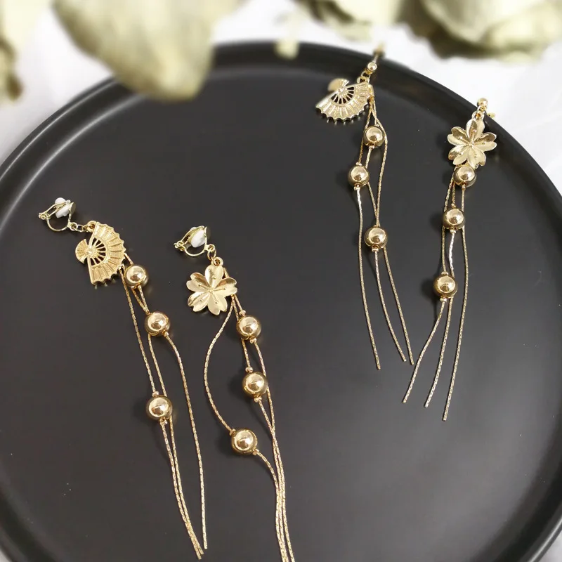 Японский модный стиль, женские цветочные серьги "Сакура", веер, перламутровые украшения, ретро длинные серьги с кисточками