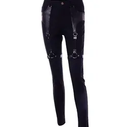 Повседневные штаны для женщин искусственная кожа Лоскутная железное кольцо карман панк ремень повседневное эластичные брюки для девочек