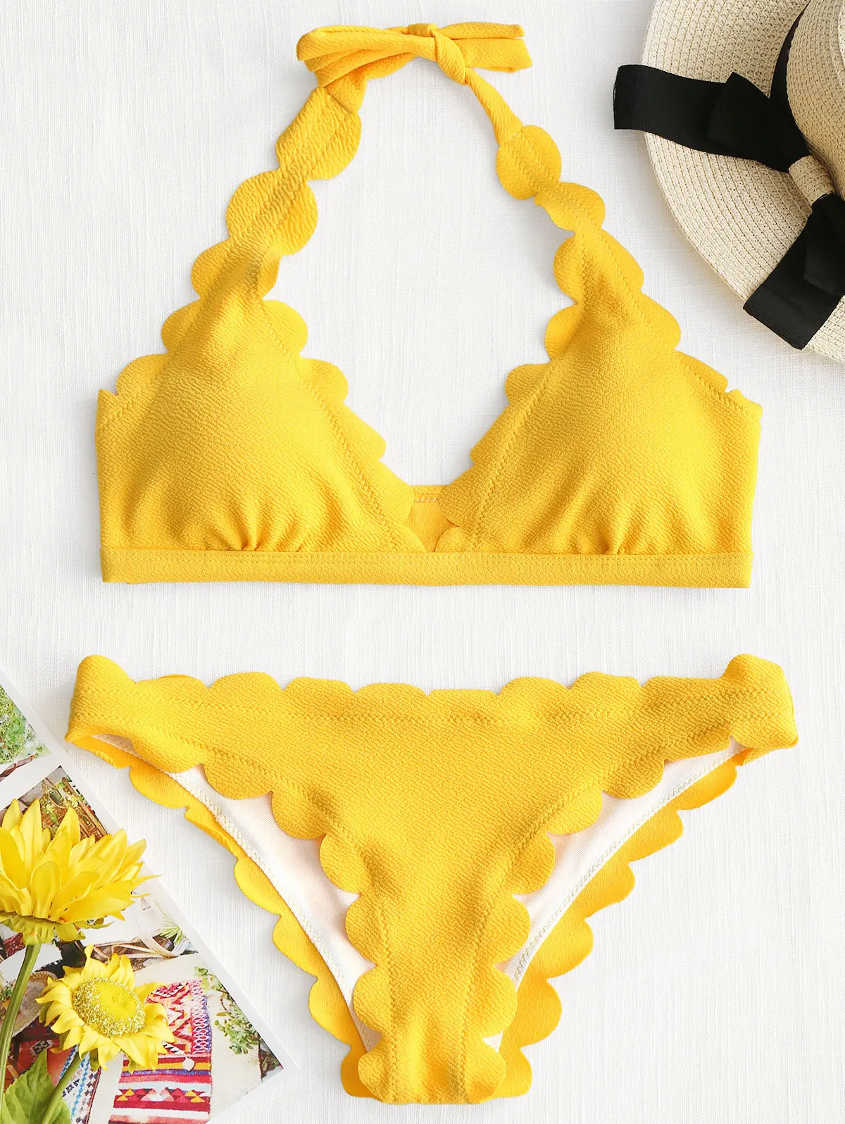 

ZAFUL Sexy Swimwear Textured Scalloped Bikini Set Padded Halter Bikini Bathing Suit Women Swimsuit Beach Suit