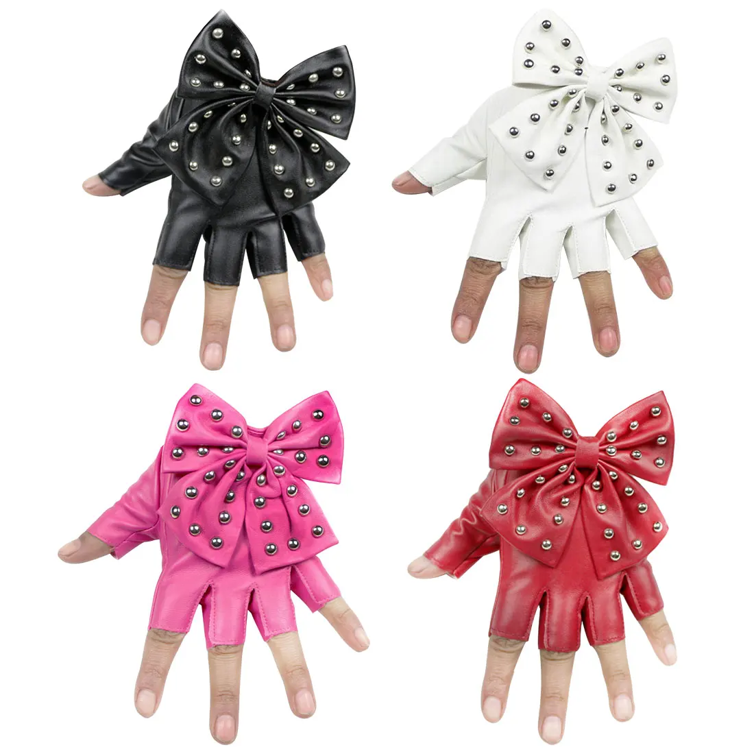 

Women's Leather Gloves Black Fingerless Gloves PU Leather Big Bow Mittens Half finger Ladies Luvas Dancing