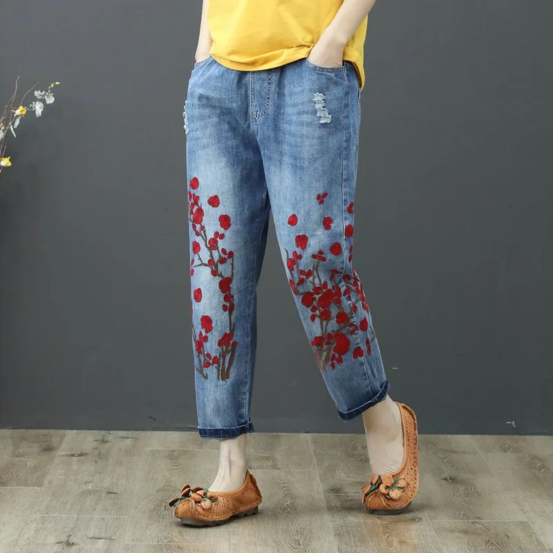 

2019 Spring Summer Hole Ripped Jeans Women High Waist Ankle-Length Pants Capris Female Casual Loose Floral Embroidery Jeans