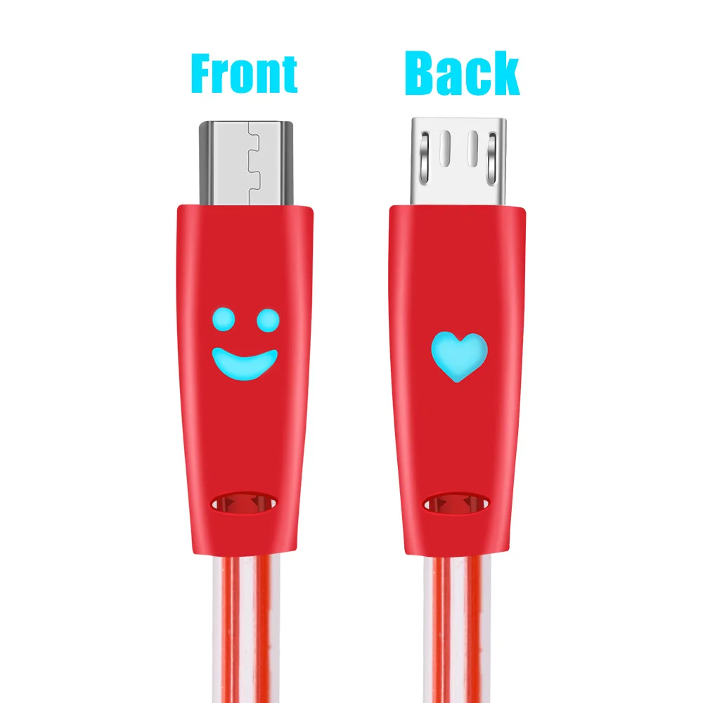 أولاف LED المصغّر usb وصلة كابل الهاتف المحمول الكابلات متوهجة مبتسم الوجه شحن سلك ل سامسونج xiaomi huawei كابل بيانات أندرويد