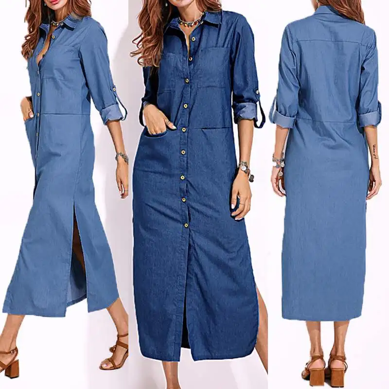 Billig 2019 ZANZEA Frühling Mode Denim Blau Kleid Frauen Casual Revers Langarm Lange Hemd Vestido Elegante Damen Arbeit OL Sommerkleid