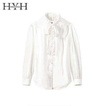 

HYH HAOYIHUI Sweet Cute Bow Neckline Button Folds Commuter Office Lady Solid Shirt