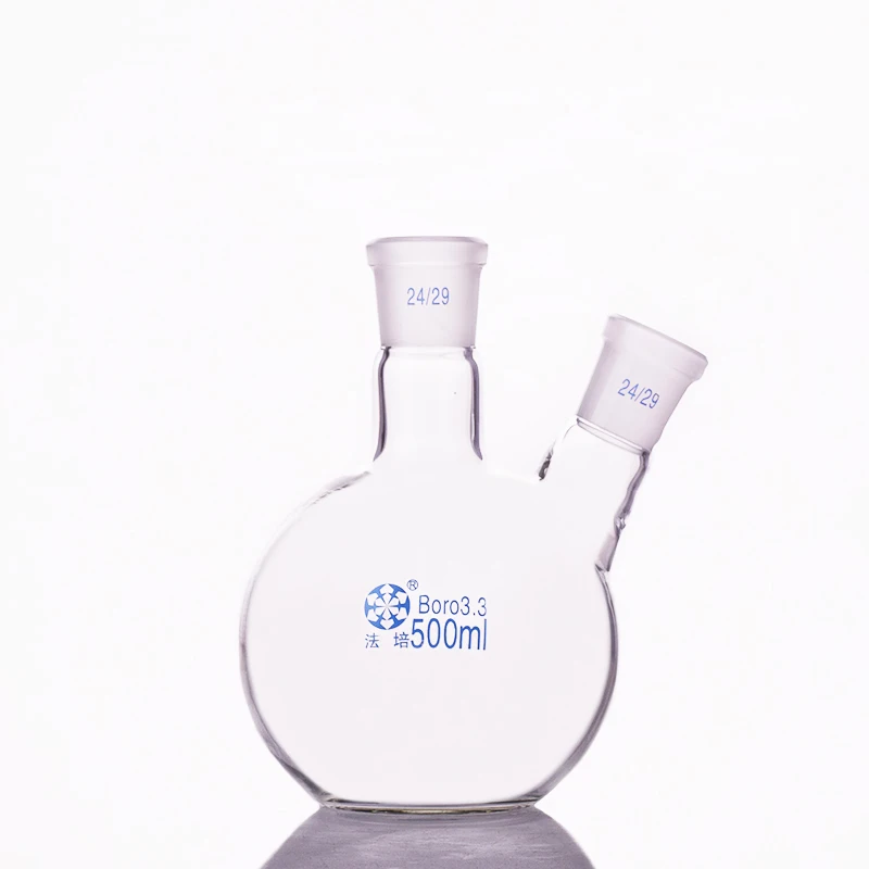 FAPE 2-넥 플라스크 비스듬한 모양, 2-넥 표준 그라인딩 마우스, 50ml-500ml-15000ml 24/29, 2-넥 평평한 바닥 플라스크