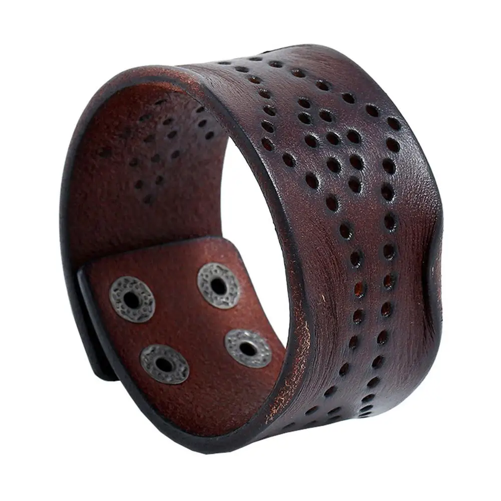 

Vintage Hollow Cowhide Man Bracelet Adjustable Buckle Wide Bangle Wrist Band
