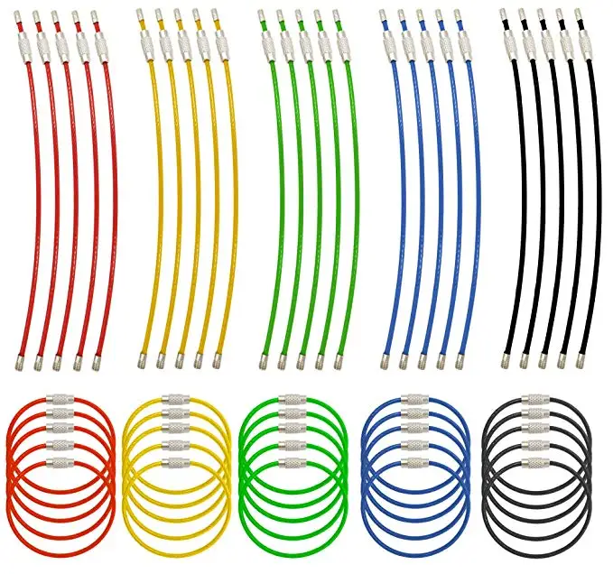 

EDC wire outdoor key Stainless 5Pcs steel keyring lock cable loop tag screw camp luggage keychain ring gadget circle rope