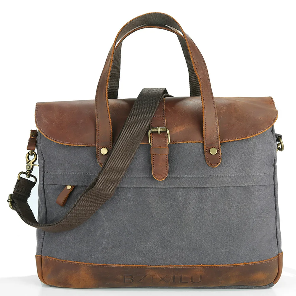 

WANGKA Men Business Briefcase Bag canvas Vintage Leather waterproof Laptop Bag Casual Simple Men handbags Shoulder Bags