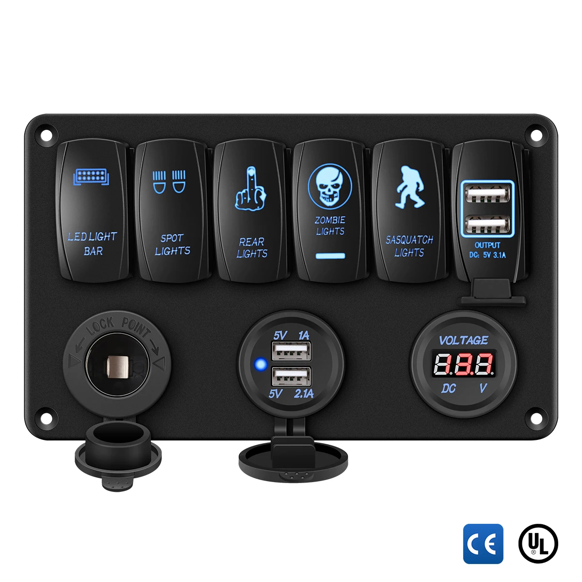 

New 6 Gang Car Marine Boat Circuit Blue LED On/Off Rocker Switch Panel IP68 Waterproof 6 Rocker Switch 12V Cigarette Lighter