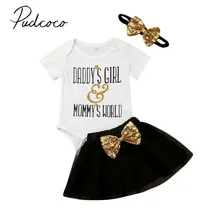 Детская летняя одежда для новорожденных, одежда для маленьких девочек топы, боди с надписью+ платье с блестками, с бантом юбка-пачка с головной повязкой на возраст от 0 до 24 месяцев