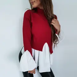 Блузка 2018 для женщин водолазка разделение АСИММЕТРИЧНЫМ ПОДОЛОМ рубашка с рюшами повседневное Лоскутное Топ Blusas Осень длинным рукавом
