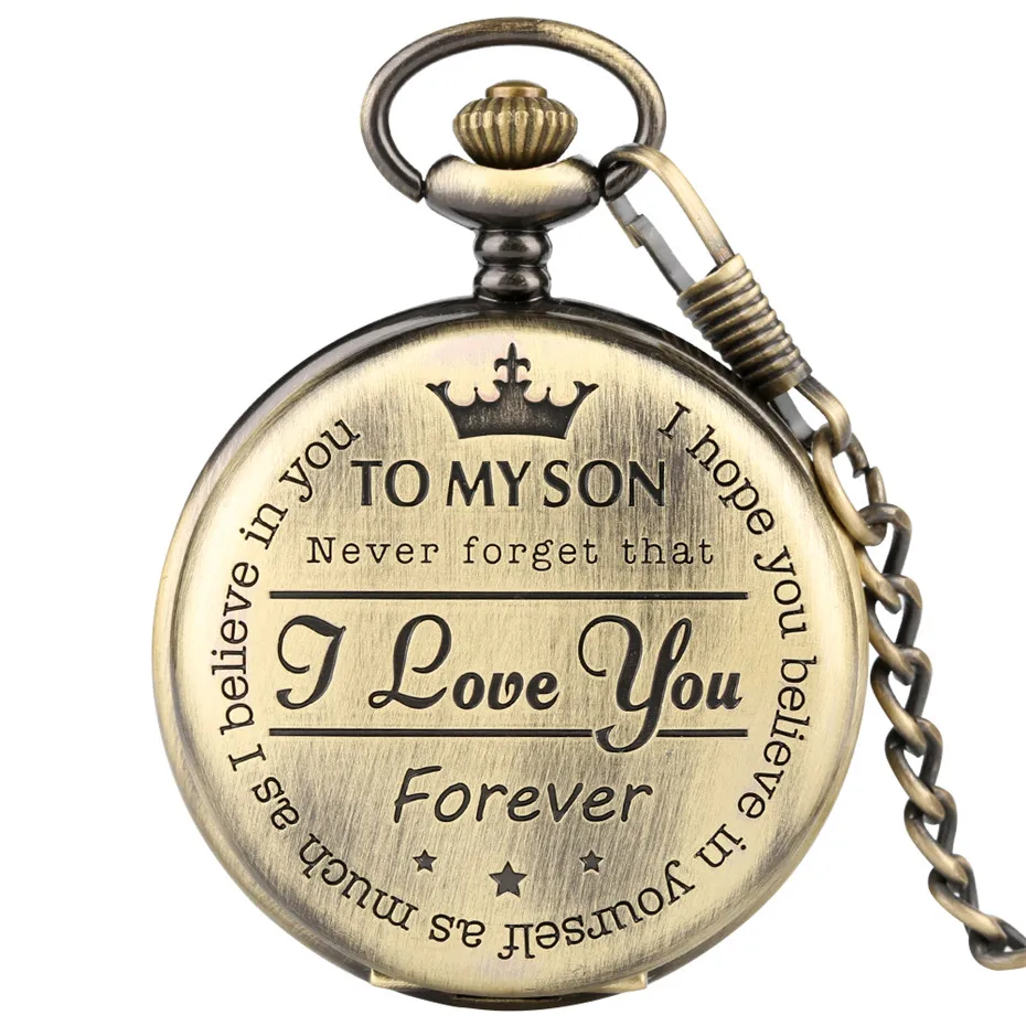 

Bronze Color 'TO MY SON' Quartz Pocket Watch With 30cm Chain Roman Numerals Dial Fob Men Watches Birthday Gifts for Male Boys