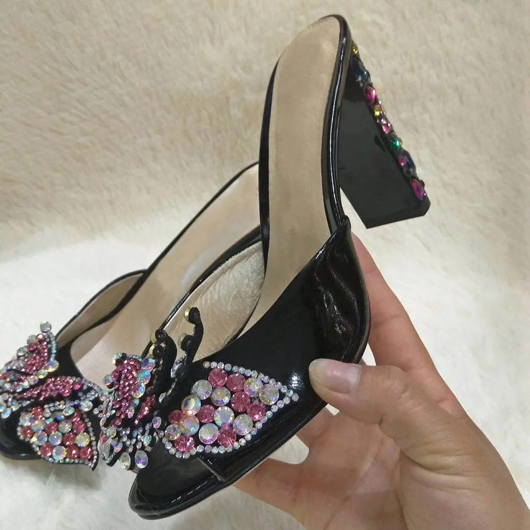 

Open Toe Summer Dress Mules with Beading Butterfly