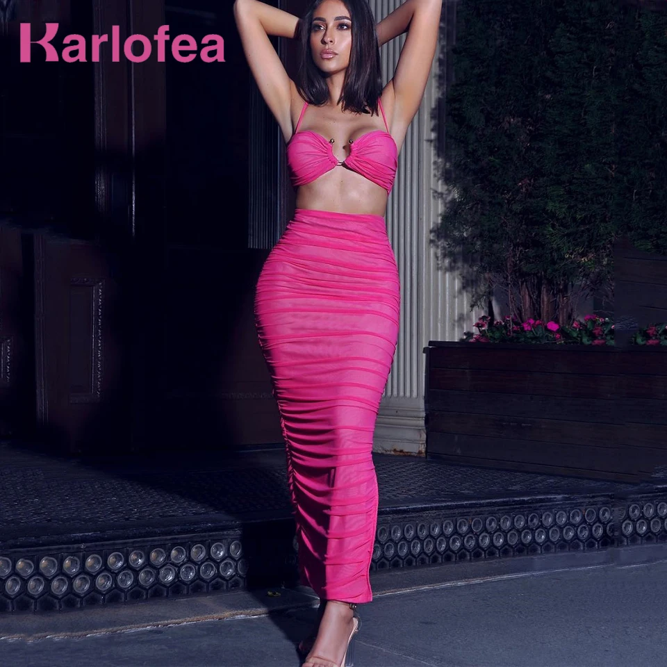 

Karlofea Women Match Two Piece Dress Sexy Strap Mesh Ruched Bodycon Long Dress Summer Fashion Outwear Sets Club Party Vestidos