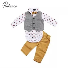 Модный деловой костюм из 3 предметов для новорожденных мальчиков, комбинезон с мультипликационным принтом, серый жилет, комплекты из топа и штанов, Осенние вечерние комплекты для детей 0-24 месяцев