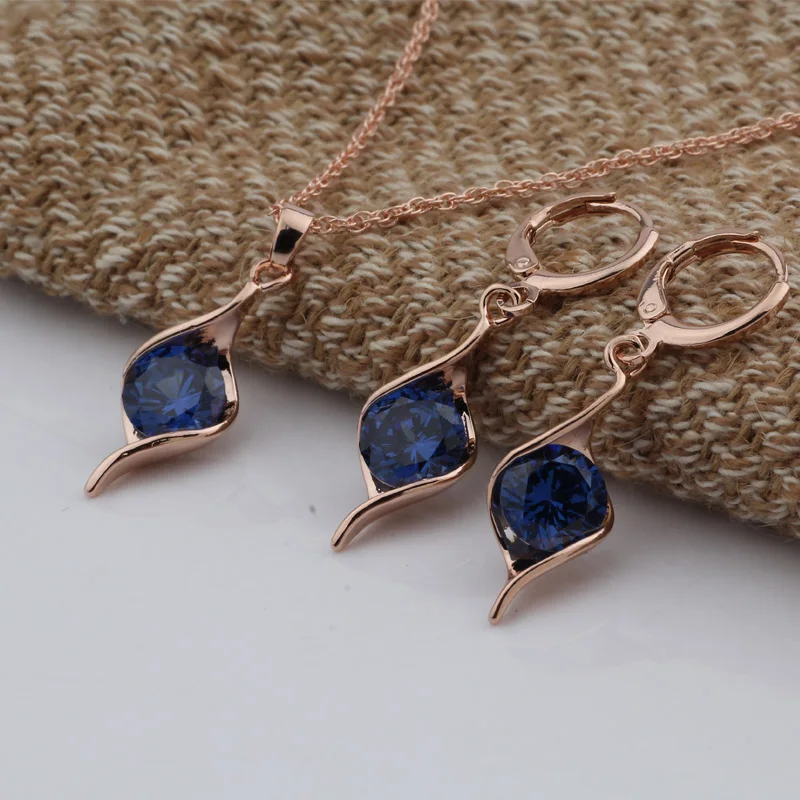 

Irina Elegant Jewelry Rose Gold Color Women's/Girl's Blue Zircon Chain Necklace + Earrings Wedding Jewelry Sets Gifts