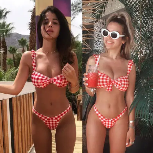 

2019 Fashion New 2Pcs Women Push-up Red Plaid Bow tie Bikini Set Swimwear Bra Bandage Swimsuit Bathing Suit Beachwear