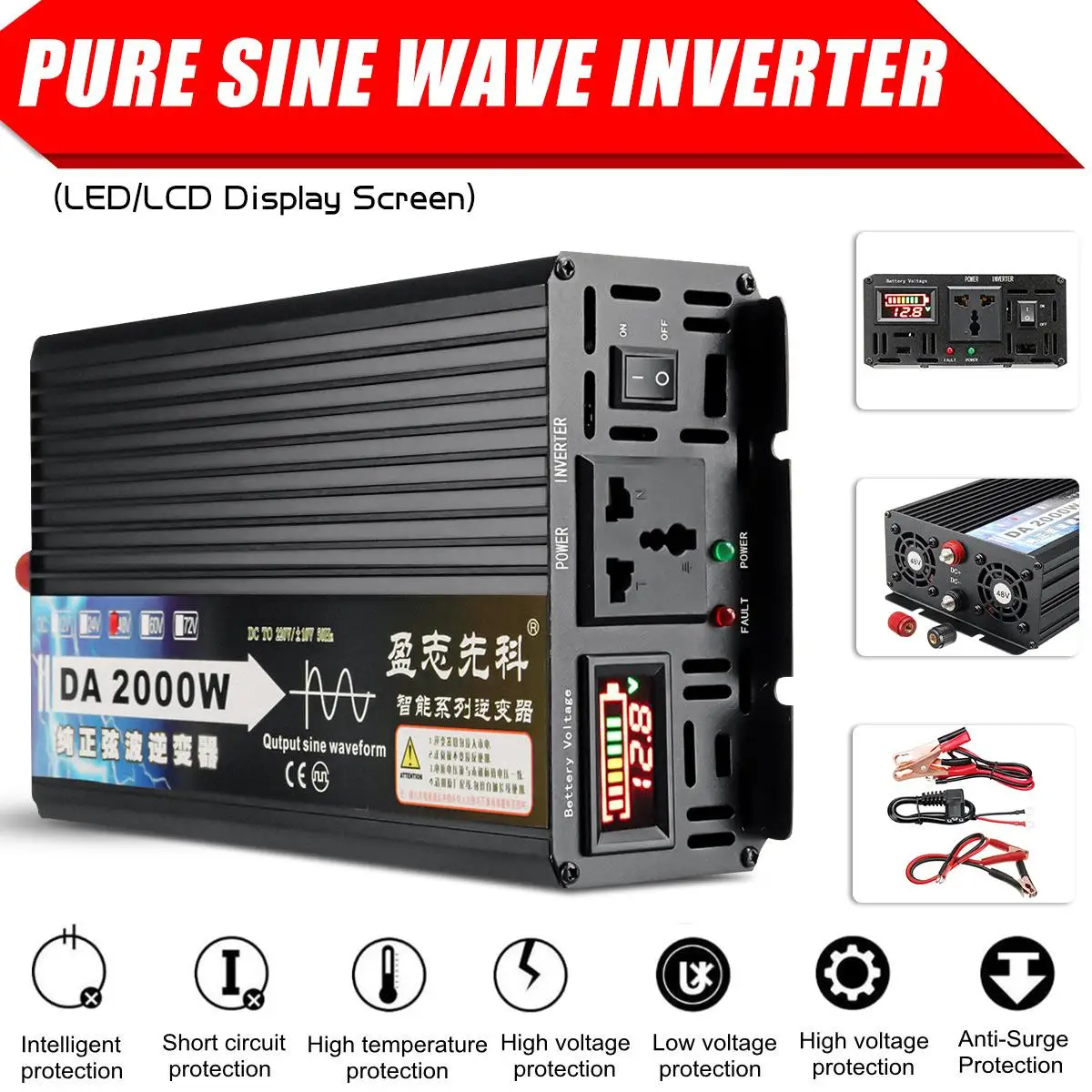 

2000W Voltage transformer Pure Sine Wave Power Inverter 12V/24V/48V/60V TO 220V LCD Display Voltage Converter