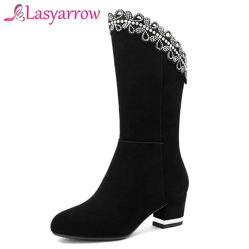 

Lasyarrow 2018 Winter Genuine Leather Shoes Woman Rhinestone Mid Calf Boots Zipper Botas Mujer Fashion High Heels Autumn Shoes