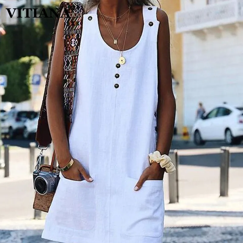 

VITIANA Women Short Beach Casual Shirt Dress Female 2019 Summer Sleeveless Tank Buttons Solid Blue Office Work Mini Dresses