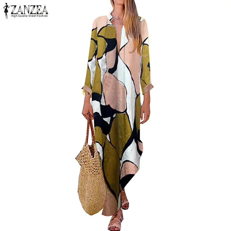 

Bohemian Floral Dress Women's Summer Sundress 2019 Sexy V Neck Tunic Vestidos Female Casual Long Sleeve Split Robe Femme 5XL