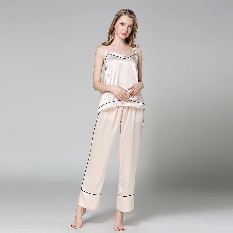 

New Women Sleeping Wear Summer Autumn Sexy V-Neck Pajama Sets Solid Satin Spaghetti Strap Top And Long Pants Pyjama Set