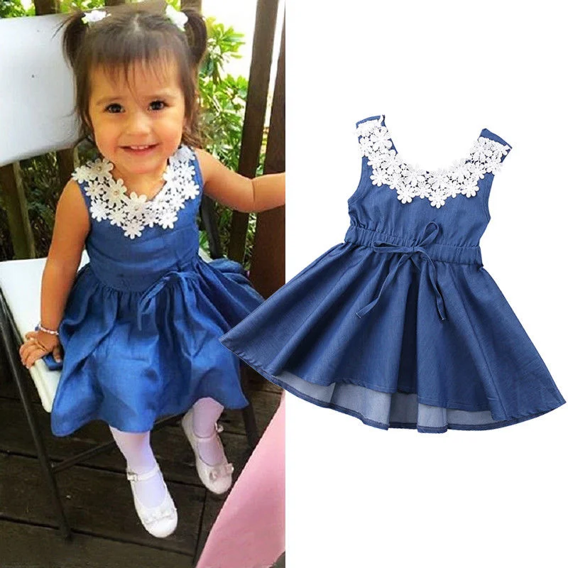 

2019 Fashion Baby Girl Dress Summer Lace Floral Sleeveless Casual Dress Beach Blue Sundress Children Girl Clothing 1-6 Years