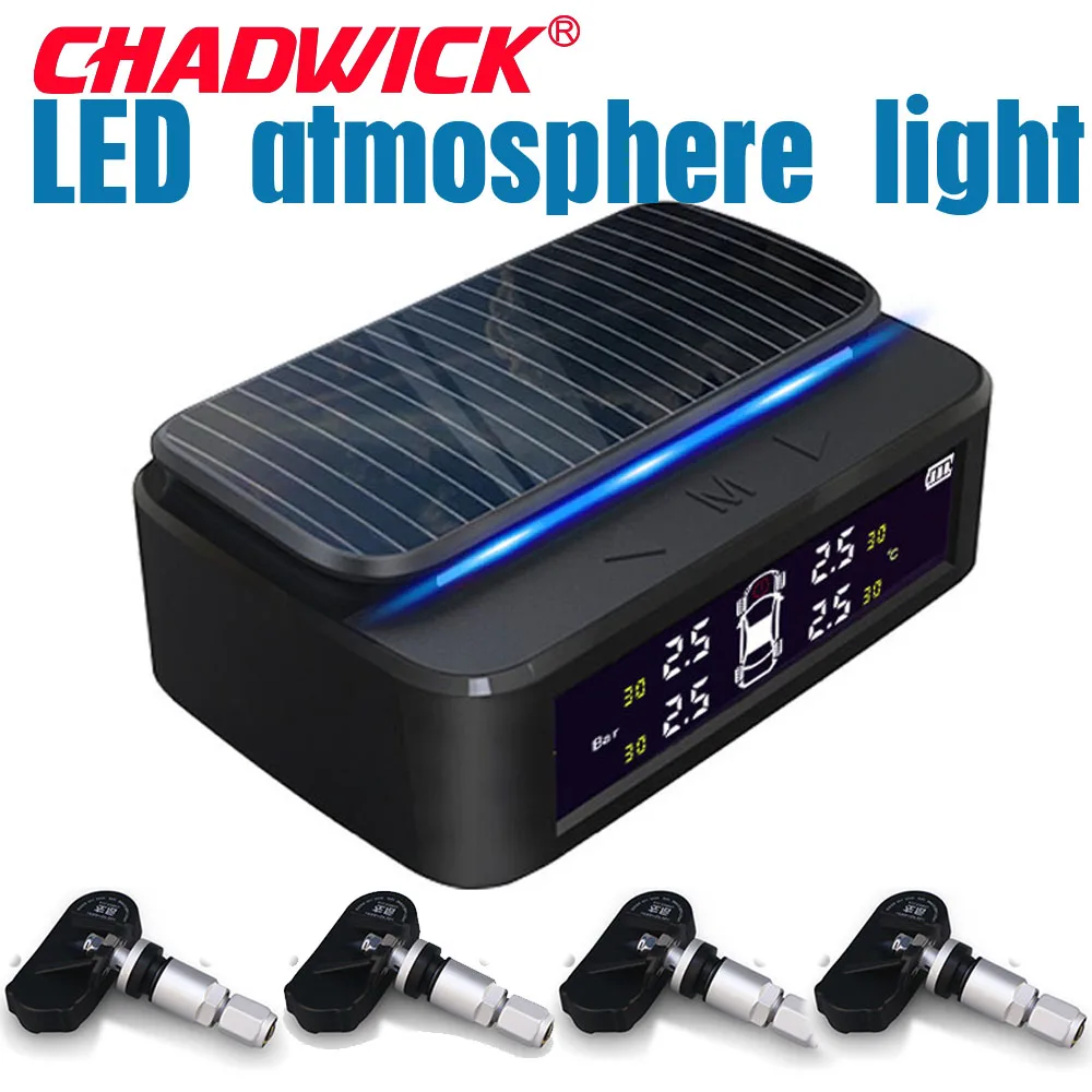 

Wireless Solar Power Car TPMS with Atmosphere Light Smart Tire Pressure Monitoring System Car alarm Security Tyre CHADWICK TP180