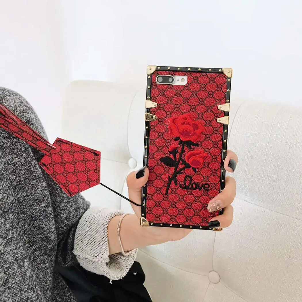 Phone Case Rose Embroidery Square With Lanyard Beige Red Gray Floral Letter Mobile Protective Cover For iPhone |