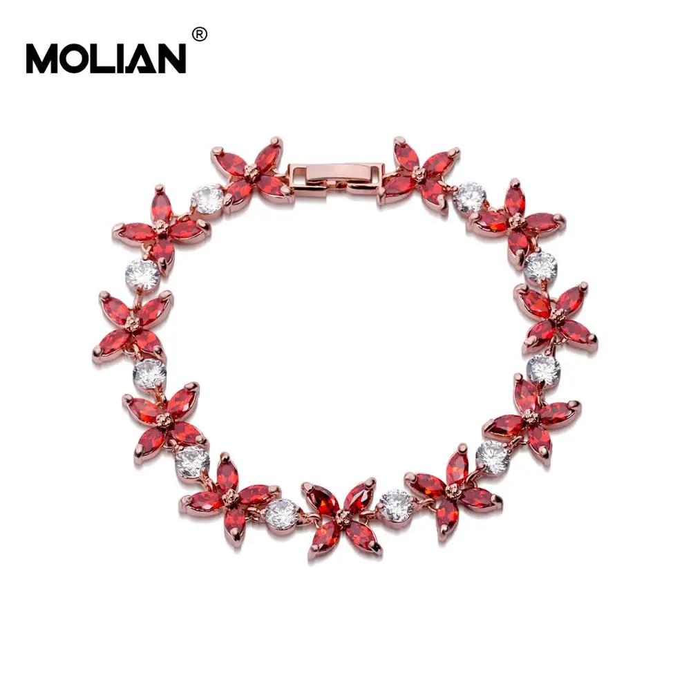 

MOLIAN Flower Leaf Red Cubic Zirconia Silver Copper Gold Rose gold Ethnic jewelry Bracelet Bangle for women Christmas jewellery