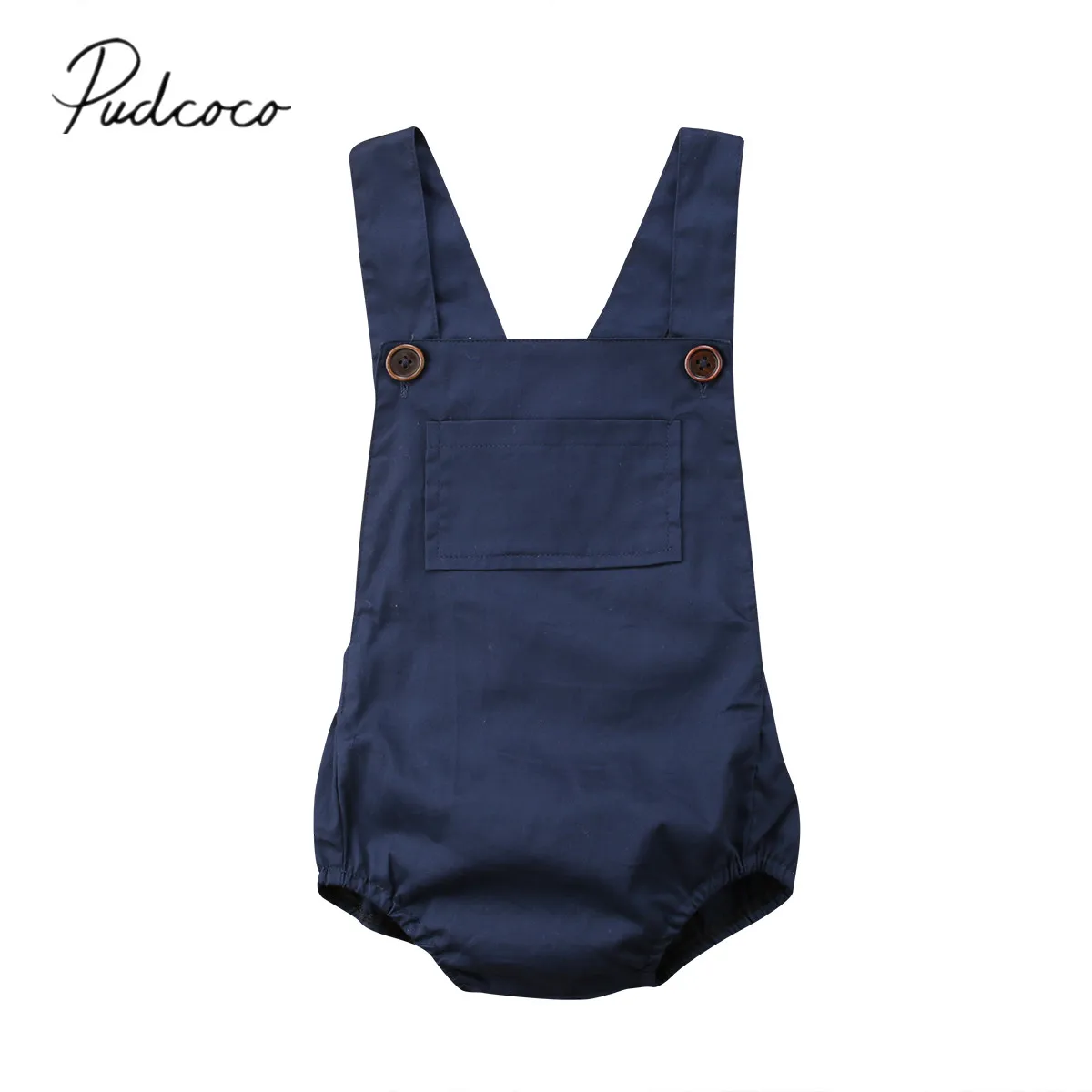 

2019 Brand New Newborn Infant Baby Girl Denim Color Bodysuit Jumpsuit Solid Outfits Backless Sunsuit Big Pocket Clothes Playsuit