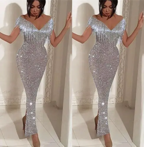 

2019 Sexy Silver Maxi Dress Women Tassel Sequin Deep-V Bodycon Dress Off Shoulder Long Sleeve Wedding Evening Party Long Dress