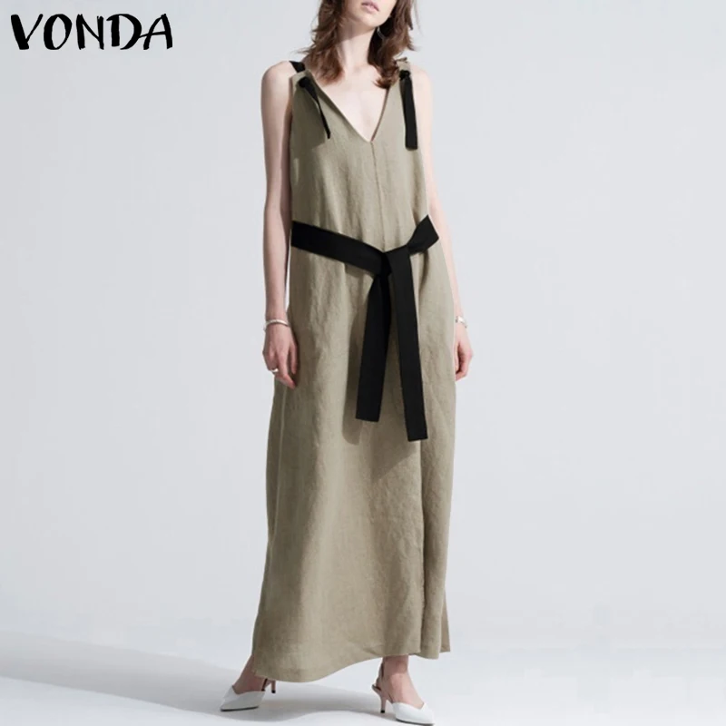 

Women Dress 2019 VONDA Summer Sexy V Neck Sleeveless Maxi Long Dresses Retro Casual Loose Vestidos Femme Plus Size