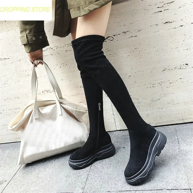 

Elastic Thigh High Sneakers Women Leather Wedges Over The Knee Boots Round Toe High Heel Greepers Punk Pumps Shoes