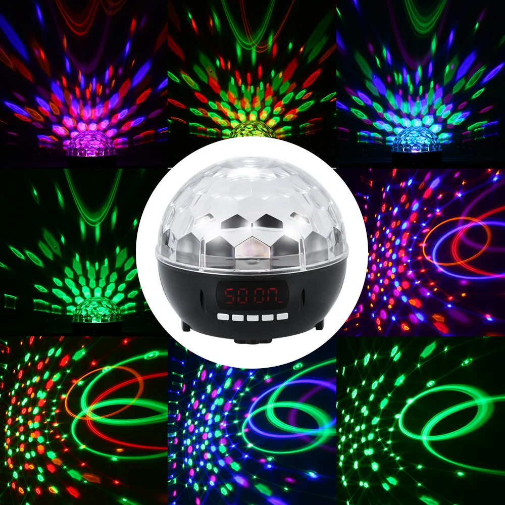 

Colorful USB LED Ball Light LED BT Speaker Light Remote Control Music Player + FM Radio + Rotating Ball Light with Microphone