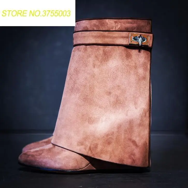 

2018 Spring Hot Suede Leather Women Lock Buckles Mid-Calf Boots Sexy Pointy Toe Ladies Height Increasing Knight Boots Size 42