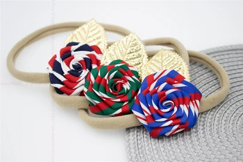 

12PCS Handmade Striped Rosette Flower Headband Gold Laurel Leaf Nylon Headband for Baby Shower, Girl Hair Accessory