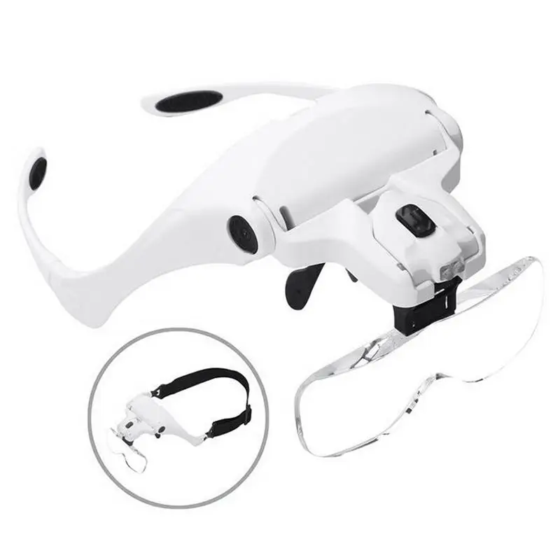 

Head Mount Magnifier Eyeglasses - 2 Illuminated Led Light Professional Jeweler'S Loupe Bracket Interchangeable Headband And 5