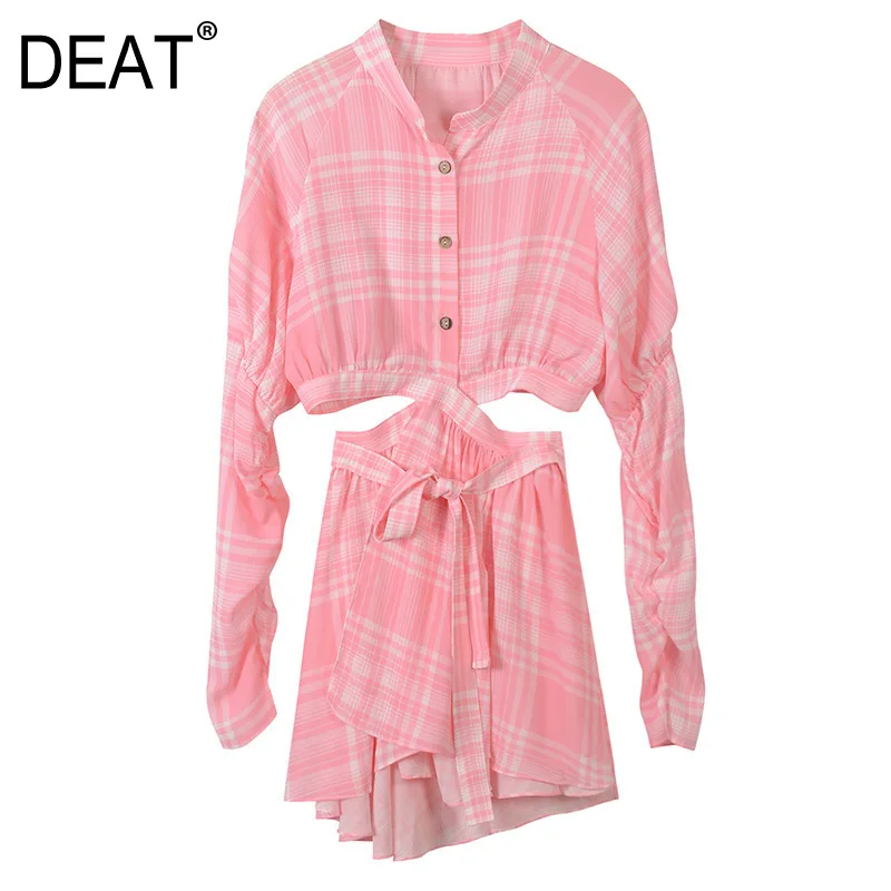 

[DEAT] 2018 Spring Autumn New Arrival Fashion Pink Plaid Waist Hollow Single-breasted Women's Shirt Rompers Playsuits KB209