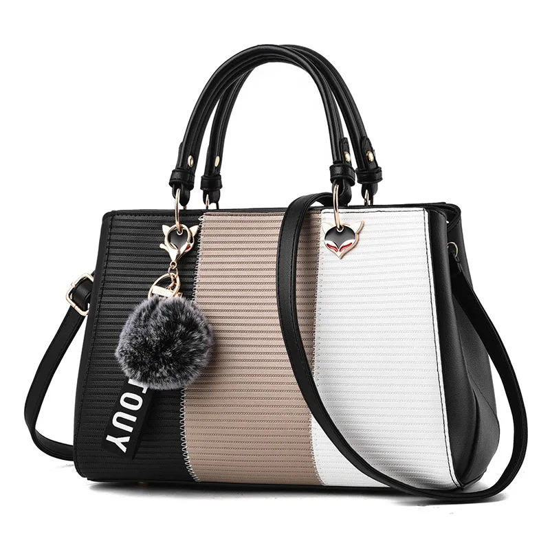 

Luxury Ladies Handbag Patchwork PU Leather Totes Bag Hairball Ornaments Large Capacity All-Purpose Daily Top-handle Shoulder Bag