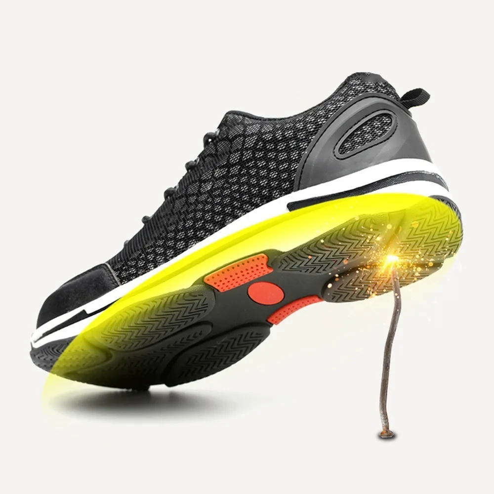 أسود أحذية العمل سلامة الرجال ، تنفس عاكس أحذية أمان للرجال الصلب اصبع القدم ، تنفس ضوء المطاط وحيد الذكور الأحذية.