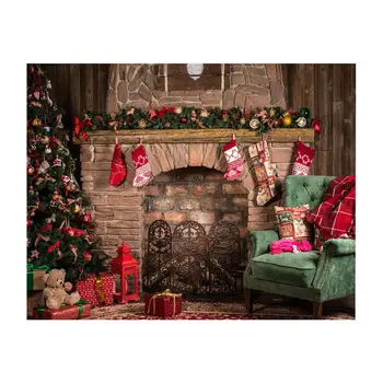 

3D New Year Decorated Tree Hearth Wood Room Gift Clock Light Vinyl Cloth High Quality Computer Print Christmas Background