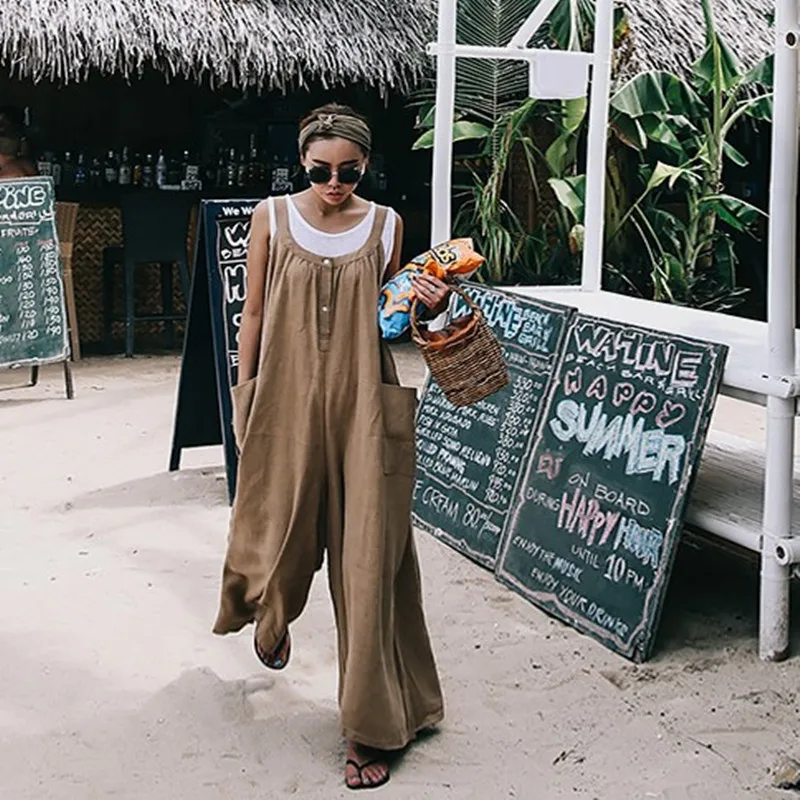 

SuperAen Spring and Summer New 2019 Jumpsuits Women Cotton and Line Pockets Loose Pluz Size Casual Wild Sleeveless Jumpsuits