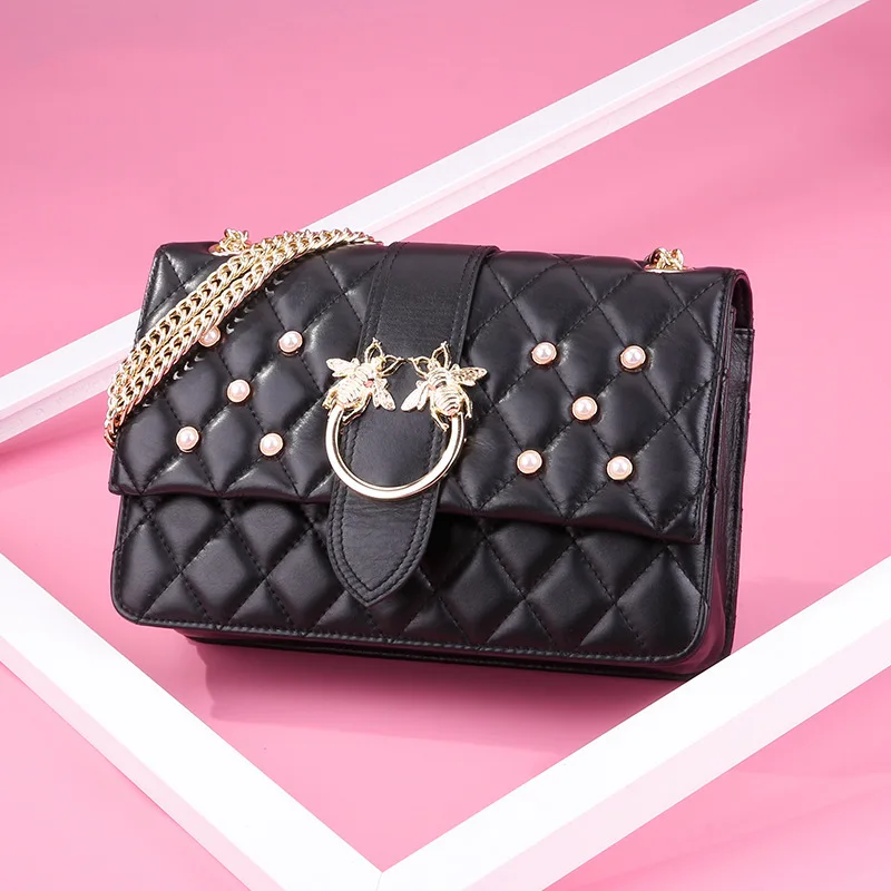 

GIAEVVI Pearl Genuine Leather Handbag Women Bee Shoulder Bags Chain Crossbody for Female Cow Leather Small Bag Ladies Clutch