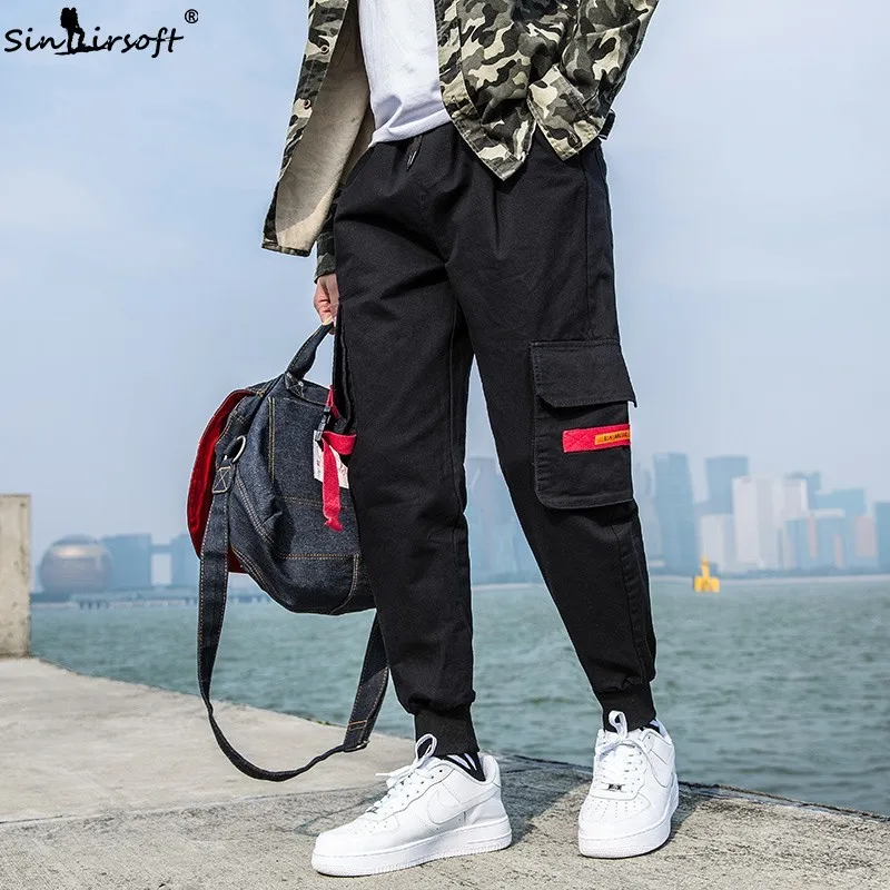 

Side Pockets Pencil Pants Men's Hip Hop Patchwork Cargo Ripped Sweatpants Joggers Trousers Male Fashion Full Length Pants 2019