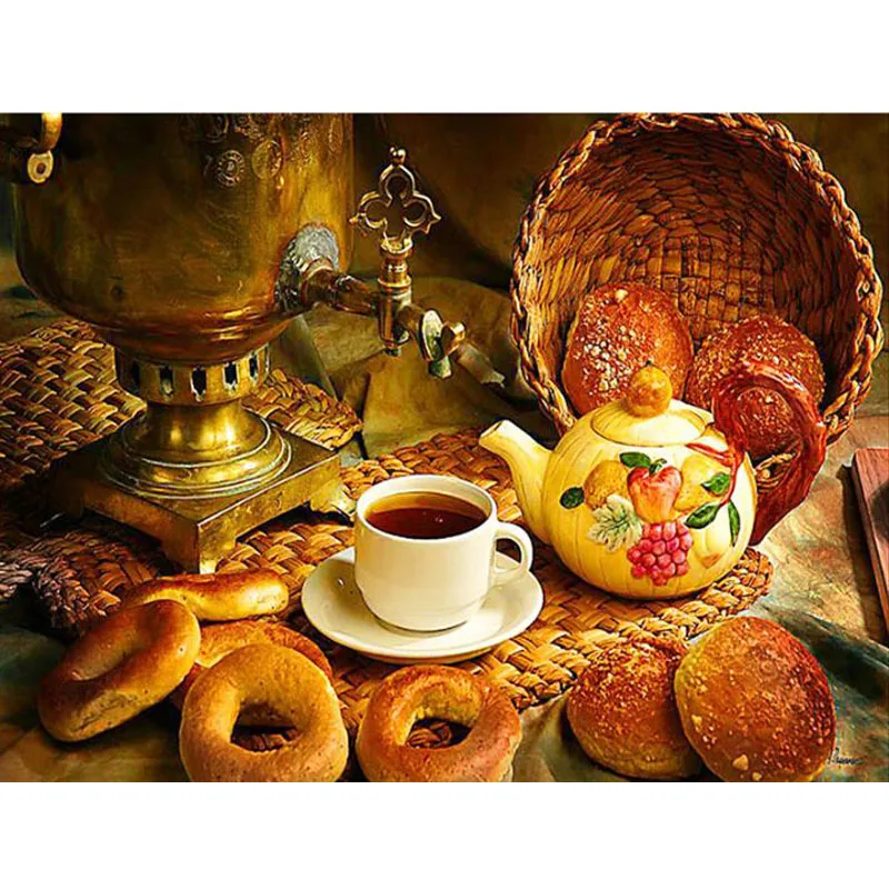 

Handmade Diamond Painting Kettle Set Coffee Bread Diy Full Diamond Embroidery Mosaic Restaurant Kitchen Decorative Wall Stickers