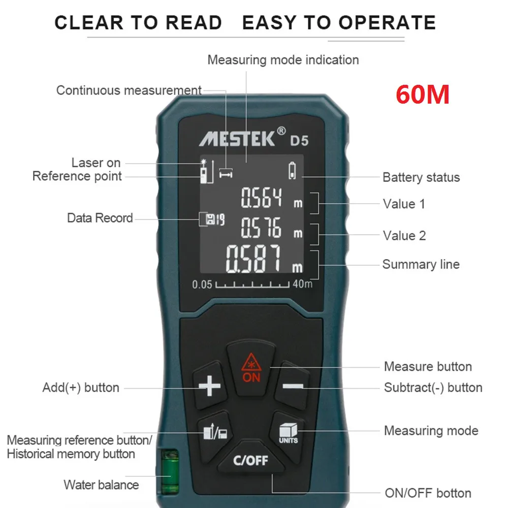 MESTEK D5 60M Laser Distance Meter Laser Rangefinder Area Volume Measuring Reference Adjusting Data Record Rangefinder New MESTEK D5 60M Laser Distance Meter Laser Rangefinder Area Volume Measuring Reference Adjusting Data Record Rangefinder New