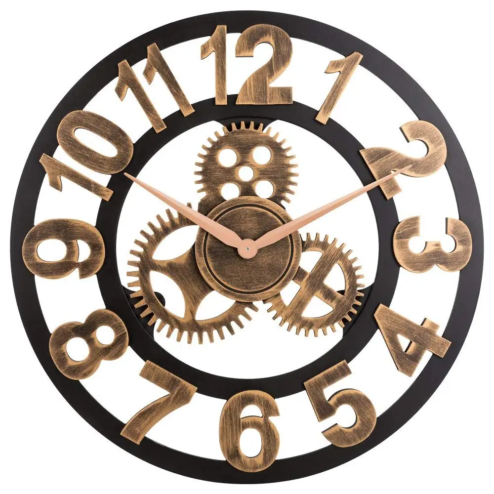 

AFBC Clock 3D Retro Rustic Vintage Wooden 23-Inch Noiseless Gear Wall Clock Number ancient gold