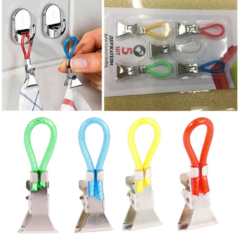 

5pcs Tea Towel Hanging Metal Clips 2x2.5x1.5cm​ Metal Clip On Hooks Loops Hand Towel Hanging Clips For Kitchen Bathroom Beach