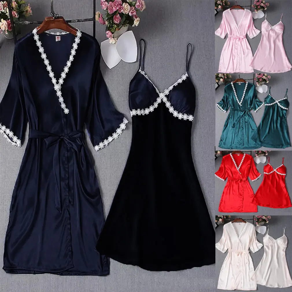 

2Pcs Sexy Lingerie Summer V-neck Women Silk Floral Lace Crochet Half Sleeve Robe Mini Dress Nightdress Nightgown Sleepwear